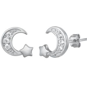 .925 Sterling Silver Clear CZ Moon & Star Earrings
